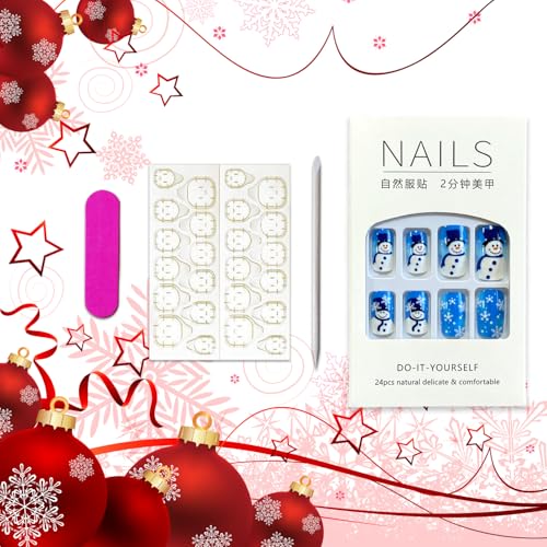 Christmas Press On Nails Medium Square Snowflake Snowman Design