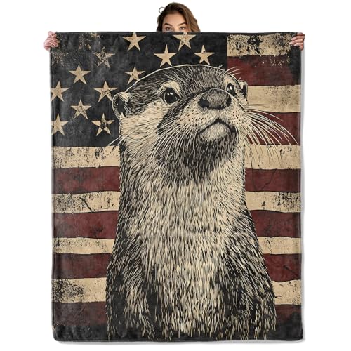 Vintage American Flag Otter Blanket 60x80 in Flannel Throw for Travel Camping Sofa