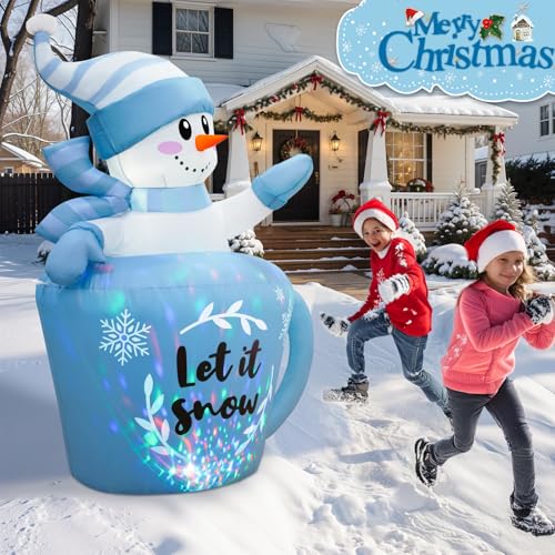 OurWarm 5FT Christmas Inflatable Snowman in Mug - Blue Snowman Yard Decor with Built-in LEDs & Blower