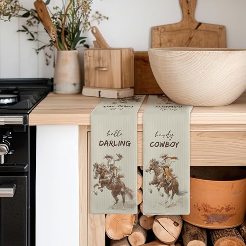 Western Cowboy Kitchen Towels Set of 2 - Retro Decorative Hand Towels