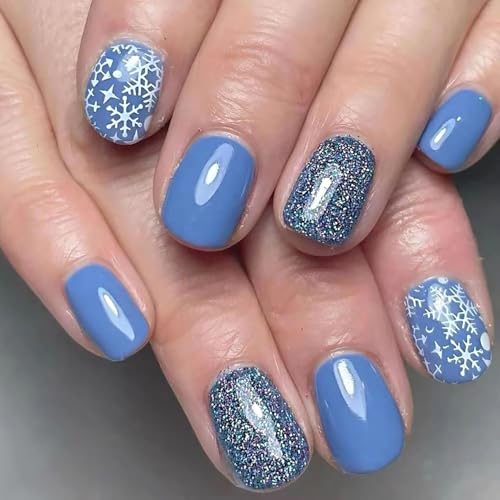 Christmas Press on Nails Short Round Blue Glitter Glossy Fake Nails Winter Snowflake Xmas Acrylic Nail Set
