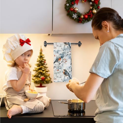 Christmas Robin Bird Kitchen Towels - Holiday Watercolor Dish Drying Cloth, 16x24 Inch - Variation Christmas-21