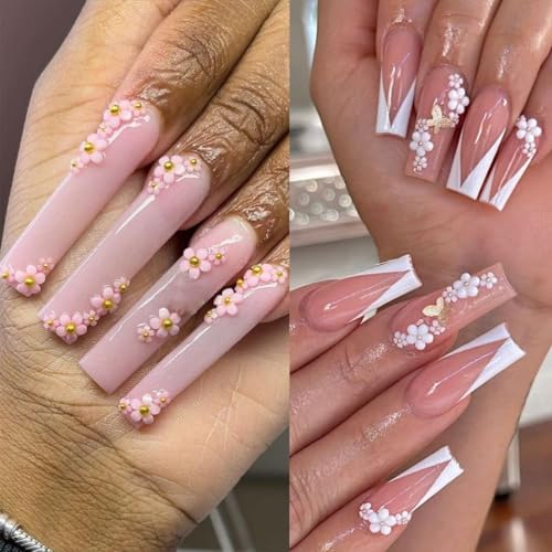 La Jolie Jasmin Pink and White Flower Nail Charms with Rhinestones, Pearls, and Caviar Beads for 3D Nail Art and DIY Crafts