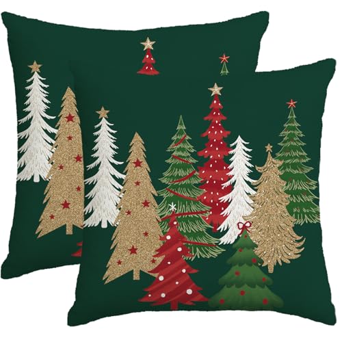 Christmas Pillow Covers Set of 2 18x18 Inches Green Tree Holiday Decor Linen