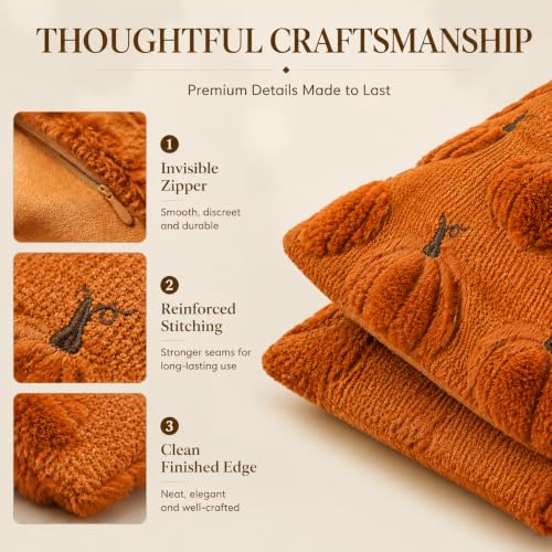 HOSHEN HOME Orange 3D Pumpkin Fall Pillow Covers - 18x18 Set of 2