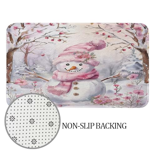 Pink Snowman Christmas Shower Curtain Set with Bath Mats and Toilet Cover