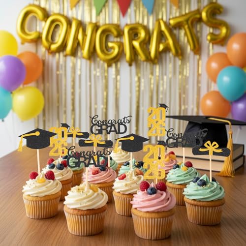 Graduation Cupcake Toppers 2026 - 24 PCS Gold Congrats Grad Picks