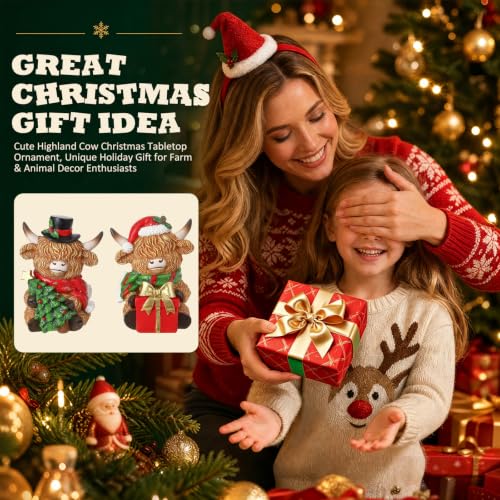 Christmas Highland Cow Figurines Set - Resin Farmhouse Holiday Decorations