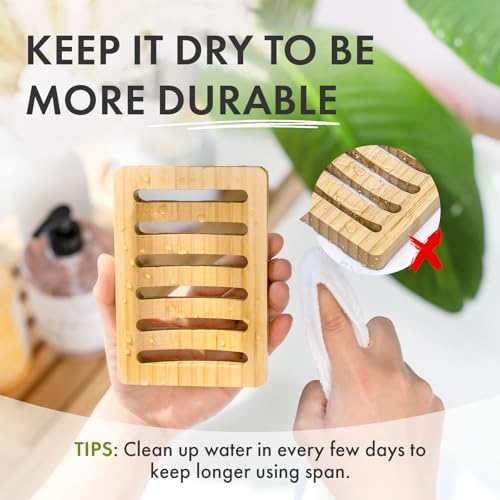 Natural Bamboo Soap Dish Holder 2 Pack - Self-Draining Wood Bathroom & Kitchen Tray