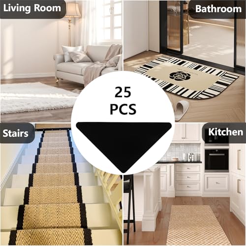 25 Pcs Non Slip Rug Tape Grippers for Hardwood Floors - Reusable & Washable Carpet Pads