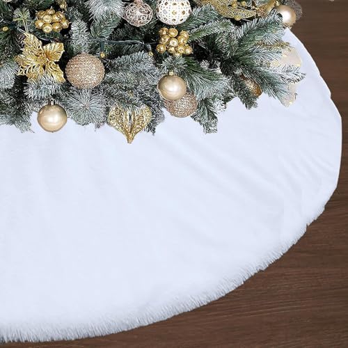 72 Inch White Faux Fur Christmas Tree Skirt - Large Holiday Decor