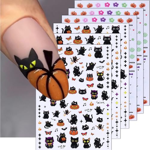 KAICCOSO 6-Sheet Halloween Nail Stickers Self-Adhesive Cat Ghost Pumpkin Decals