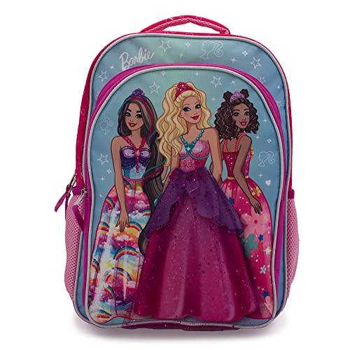Barbie & Friends Cosplay Backpack, Girls Bookbag with Adjustable Shoulder Straps & Padded Back, 16¡± School Bag w/3D Skirt and Metallic Fabric Tiara.