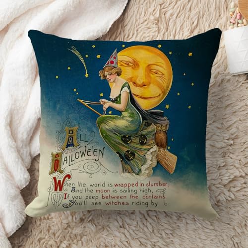 Vintage Halloween Throw Pillow Cover 18x18 Inch - Retro Witch & Moon Design