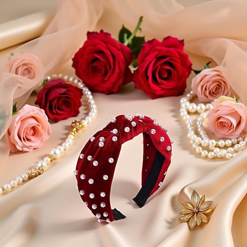 Red Knotted Headband with Pearls and Gold Accents