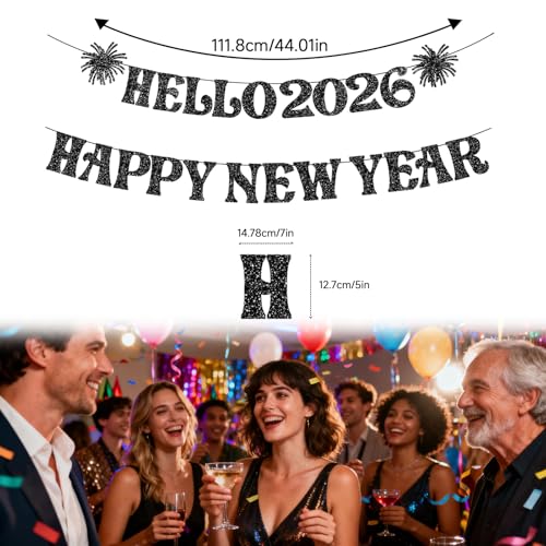 2026 Happy New Year Banner - Black Glitter Party Decoration
