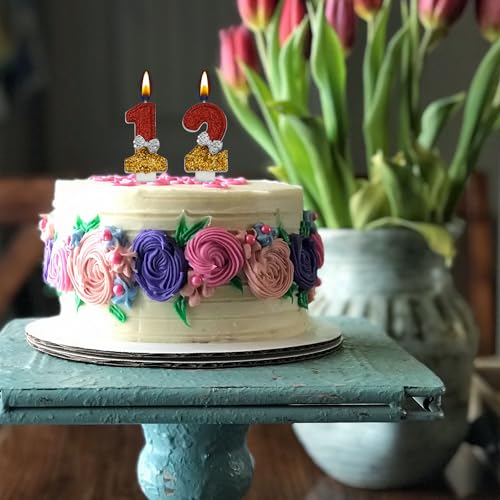 12th Birthday Candles Set - Smokeless Red & Gold Glitter Cake Toppers