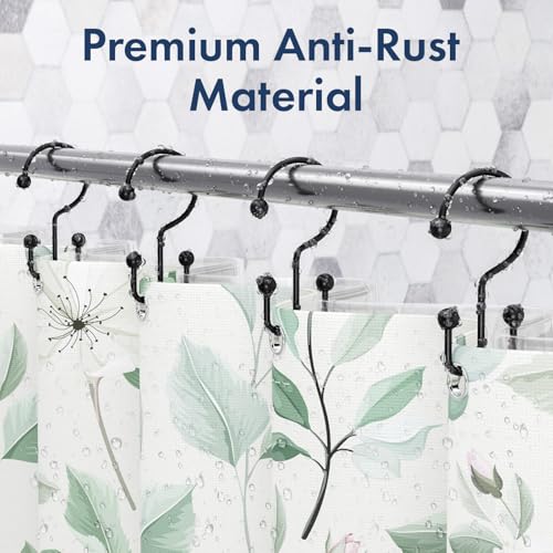 Matte Black Shower Curtain Hooks - 12 Pcs Double Hook Rings for Bathroom
