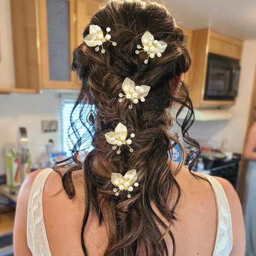 BETITETO Gold Pearl Wedding Hair Pins 5pcs - Crystal Leaf Bridal Hair Pieces