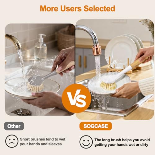 SOGCASE Bamboo Dish Brush Set with Built-in Scraper, 2 Pack