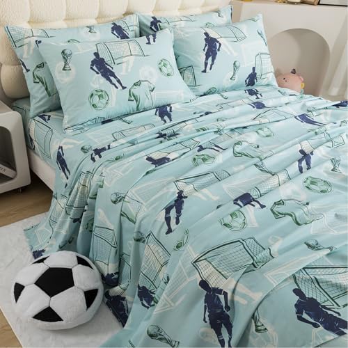 FADFAY Twin Size Soccer Sheet Set - Ultra Soft Breathable Cotton, Blue Sports Bedding