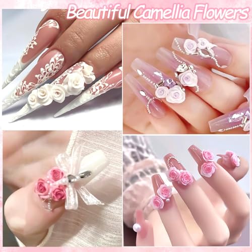 3D Flower Nail Charms with Pearls, Camellia Rose Floral Jewelry Set