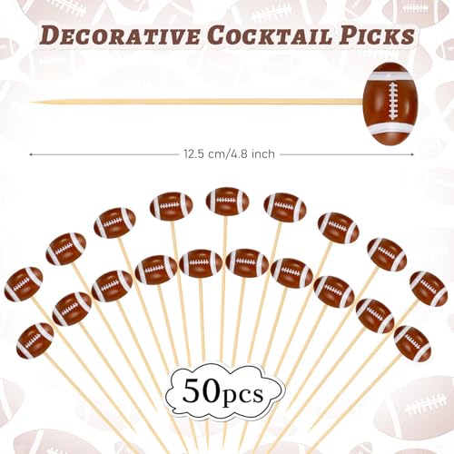50 Pcs Football 3D Bamboo Cocktail Picks - 4.72 Inch Decorative Skewers