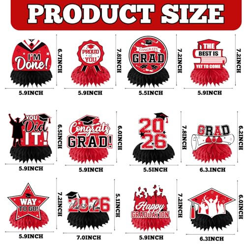 Red Graduation Decorations 2026 - 12Pcs Honeycomb Centerpieces