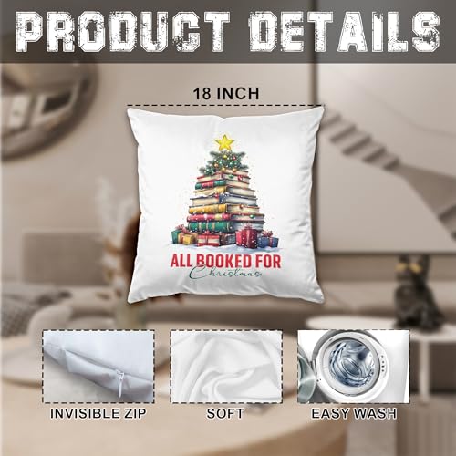 Christmas Book Tree Pillow Cover 18x18 - Book Lover Gift - 4 Color Options