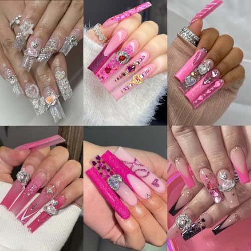 Sutaozhi 12Pcs 3D Silver Heart Nail Charms and Rhinestones for DIY Manicure