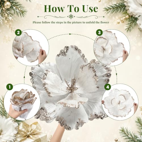 Elegant White Christmas Poinsettia Magnolia Flowers Decor - 6 Pieces Extra Large