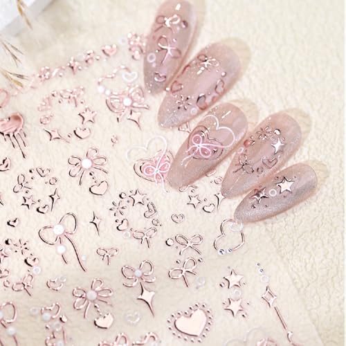 5D Embossed Nail Art Stickers Self-Adhesive Bow Heart Rose Gold Decals