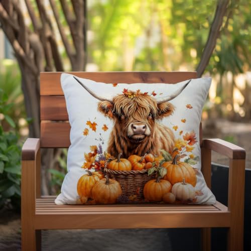 Highland Cow Autumn Pillow Cover 18x18 - Fall Decor with Pumpkins