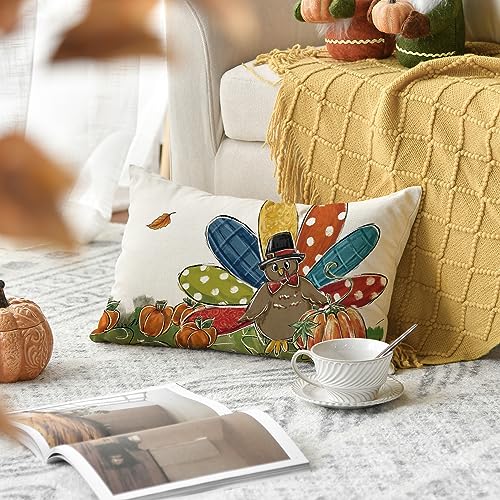 Thanksgiving Turkey Pumpkin Throw Pillow Cover, 12x20 Inch