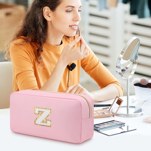 Pink Initial Makeup Bag with Glitter Letter Patch Travel Toiletry Pouch