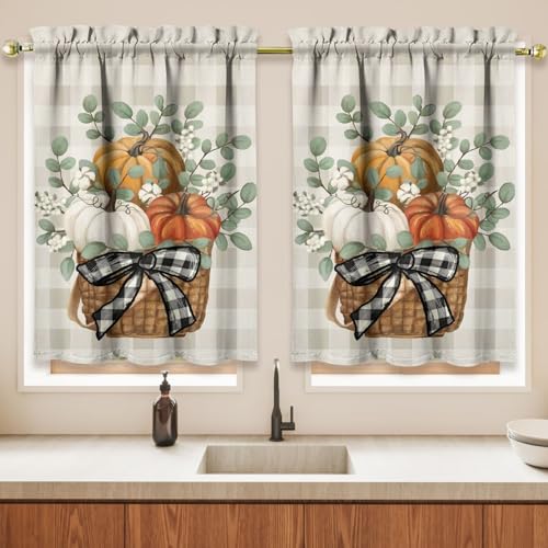 Pumpkin Eucalyptus Farmhouse Kitchen Curtain Set 3-Piece 53"W x 54"L Orange