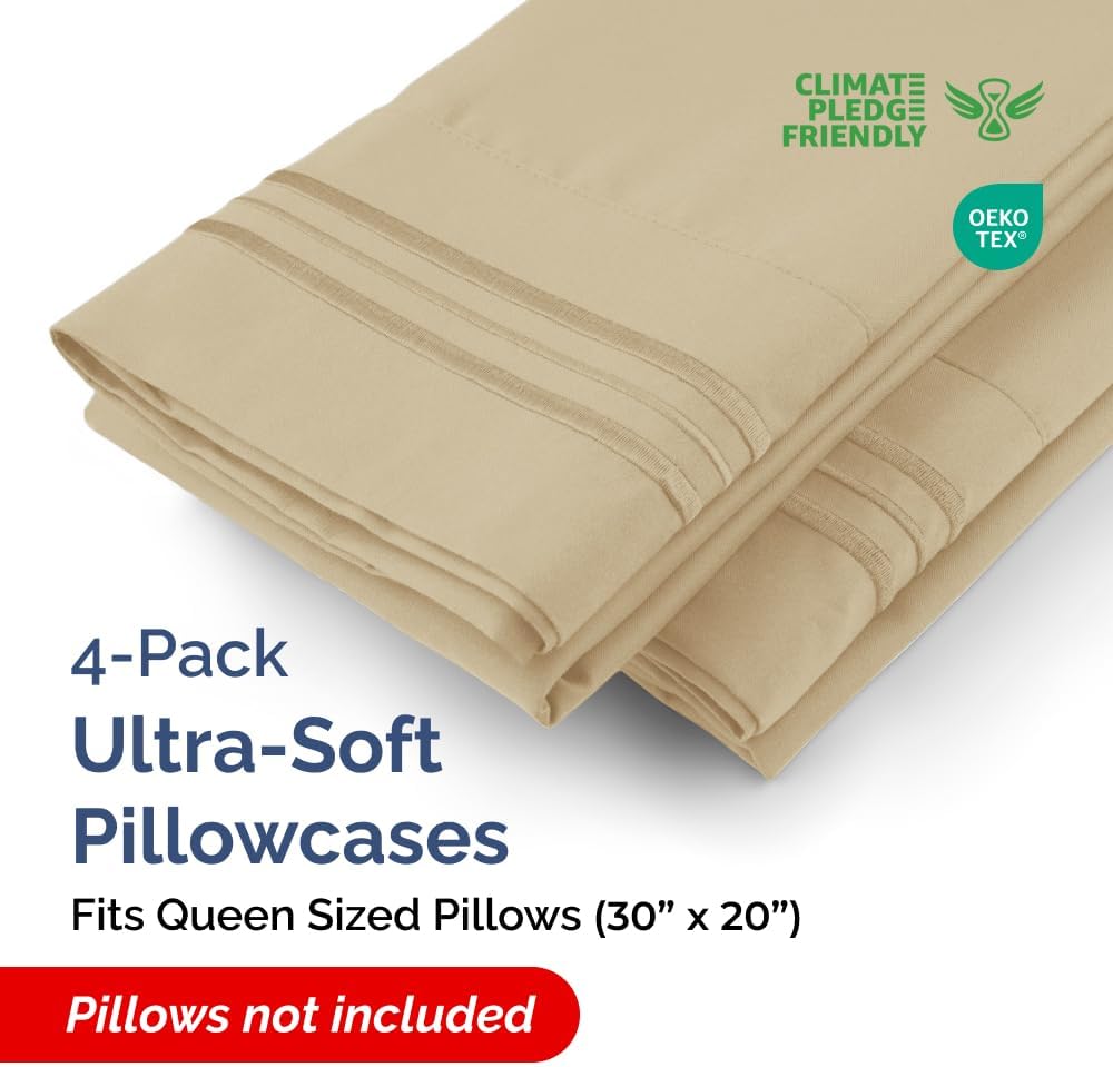 Queen Pillow Cases Set of 4 | Ultra Soft Hotel Quality Covers - Cozy, Wrinkle-Free, Stain Resistant - Beige