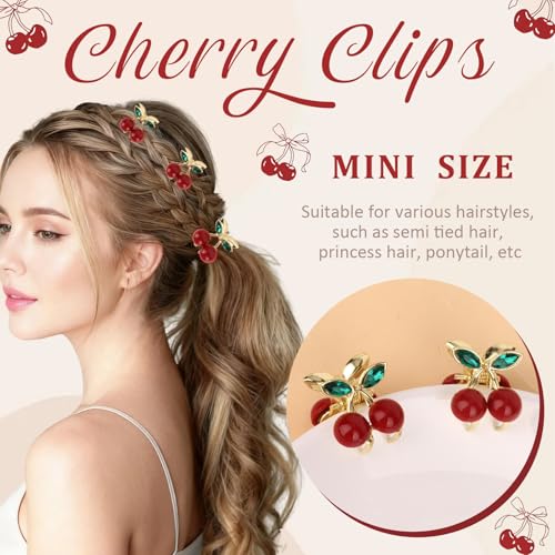 GAFATORY Mini Cherry Hair Claw Clips - 6 Pack Cute Non-Slip Rhinestone Hair Accessories for Women and Girls