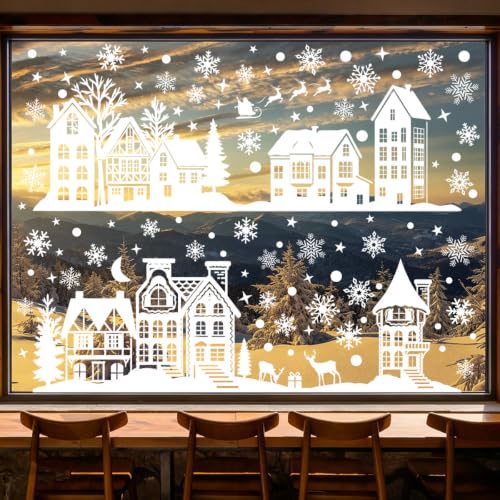 Christmas Village Window Clings Set - Extra Large Snowflake & Elk Design, 2 Sheets, White Theme