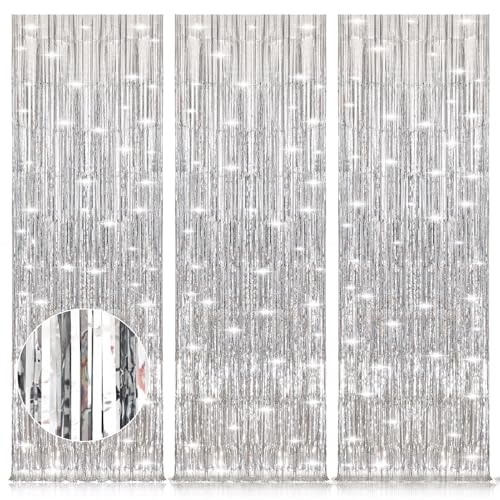 Accevo Silver Party Streamers - 3 Pack Metallic Tinsel Curtains