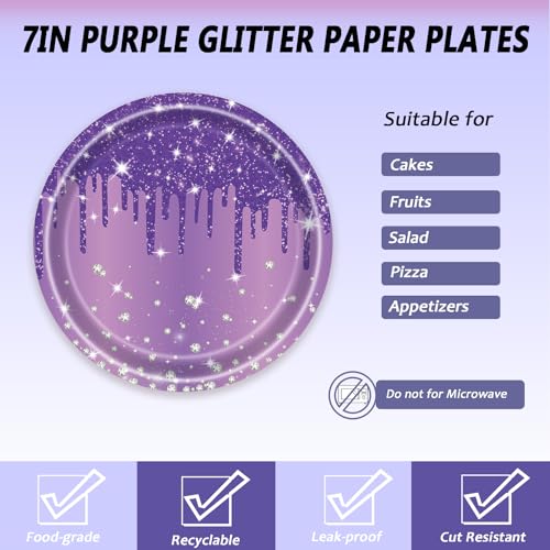 Purple Glitter Party Tableware Set - 72 Pcs for 24 Guests