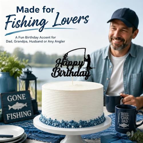 Fishing Happy Birthday Cake Topper - Glitter Fisherman Cake Decoration