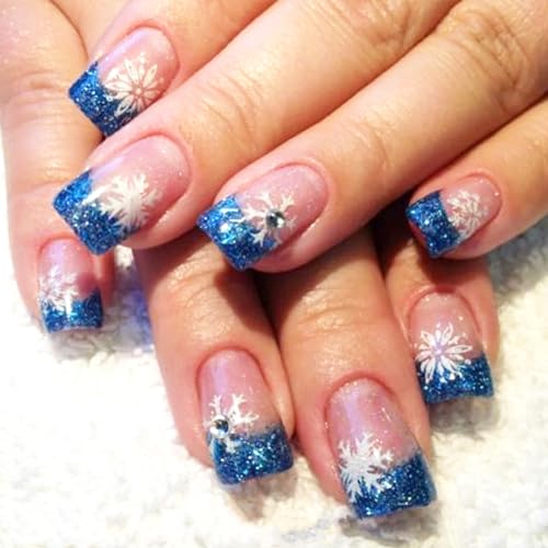 Christmas Press On Nails Short Square Blue Glitter French Fake Nails