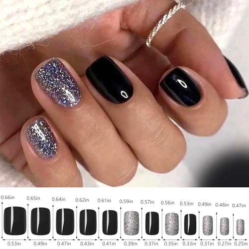EternalClassic Short Square Press on Nails Kit - 96 Pcs Glossy Acrylic Fake Nails with Glitter Designs