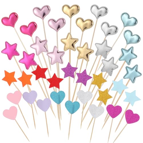40 Pcs Colorful Heart and Star Cupcake Toppers for Parties