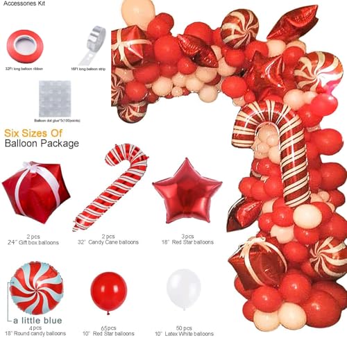 Christmas Balloon Arch Kit with Red, White, Candy & Foil Balloons for Holiday Party Decor