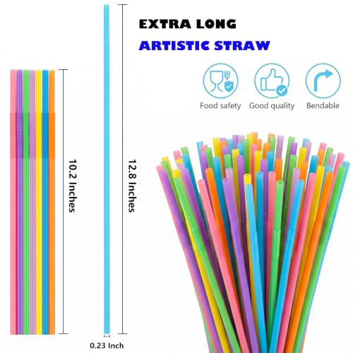 100 Pack Colorful Flexible Plastic Straws - Individually Wrapped, 12.8" Long