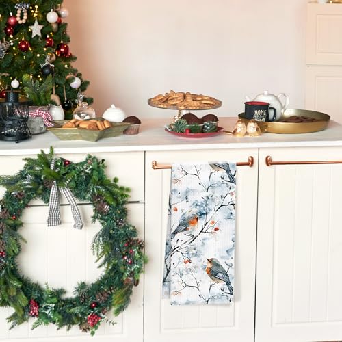 Christmas Robin Bird Kitchen Towels - Holiday Watercolor Dish Drying Cloth, 16x24 Inch - Variation Christmas-21