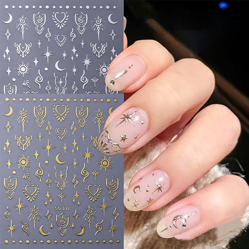 CHANGAR Moon Star Nail Stickers 8 Sheets Metallic Boho Decals