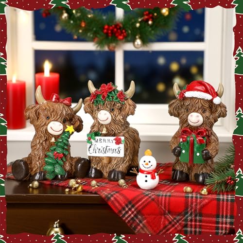 3 Pcs Christmas Highland Cow Figurine Decor - Resin Christmas Decorations, Highland Cow Set - Christmas Variation